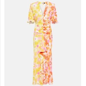 RIXO Yellow Pink Orange Floral Wrap Midi Dress